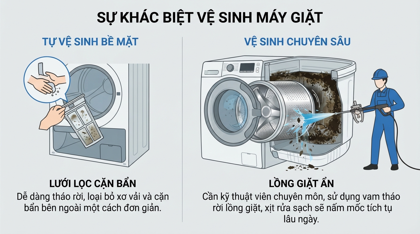 Mảng bám tích tụ phía sau lồng giặt đòi hỏi thiết bị chuyên dụng để tháo rửa.
