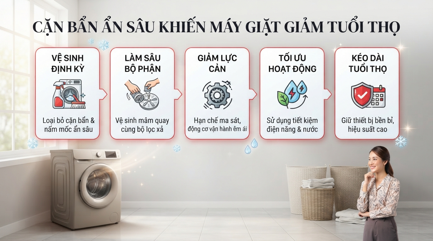 Mùi hôi và cặn xám xuất hiện cảnh báo vi khuẩn tích tụ lâu ngày.