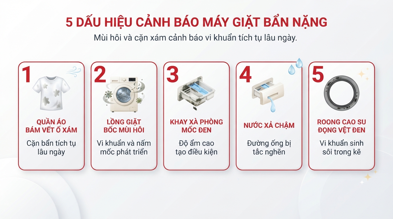 Mùi hôi và cặn xám xuất hiện cảnh báo vi khuẩn tích tụ lâu ngày.