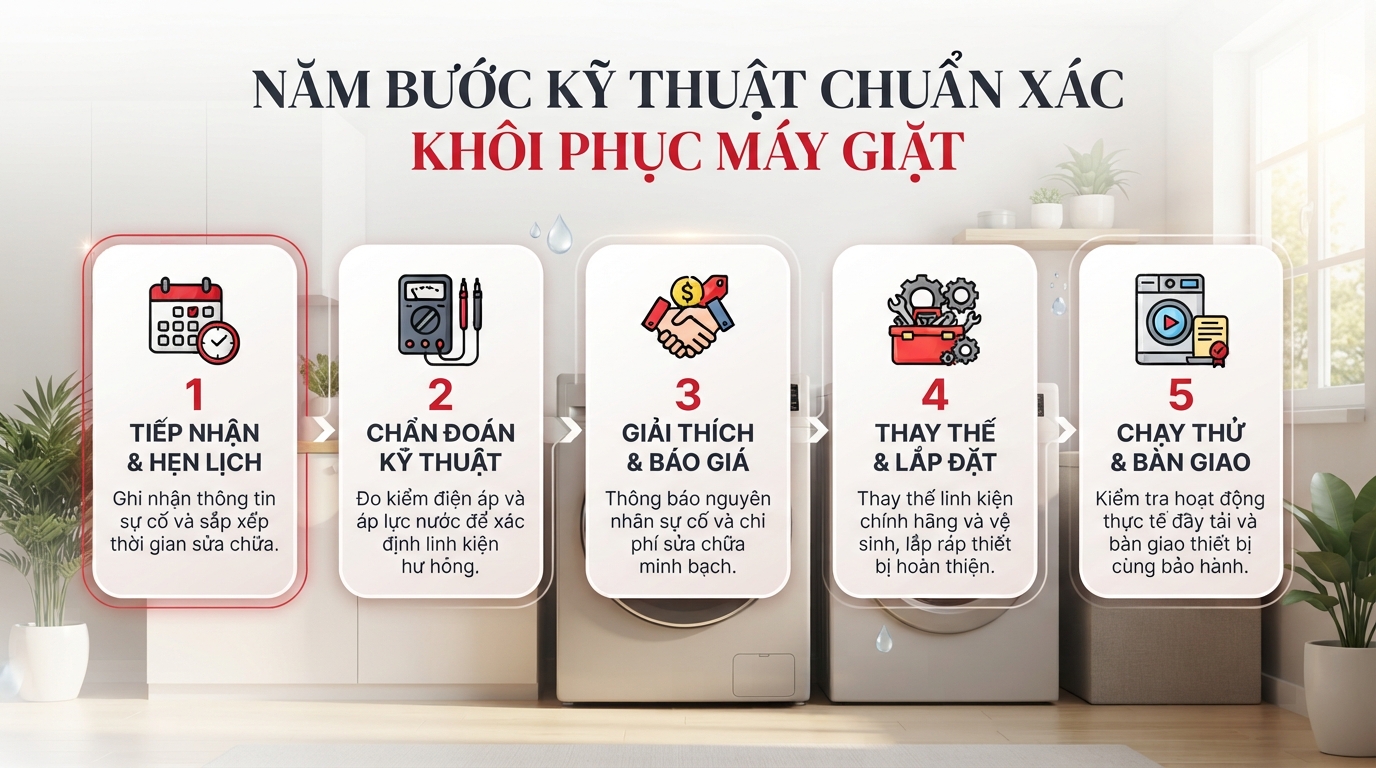 Năm bước kỹ thuật chuẩn xác khôi phục máy giặt.