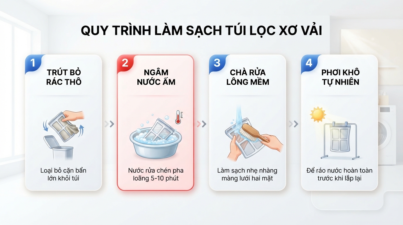 Ngâm nước ấm giúp rã mảng bám cứng đầu nhanh chóng mà không hư màng lưới.