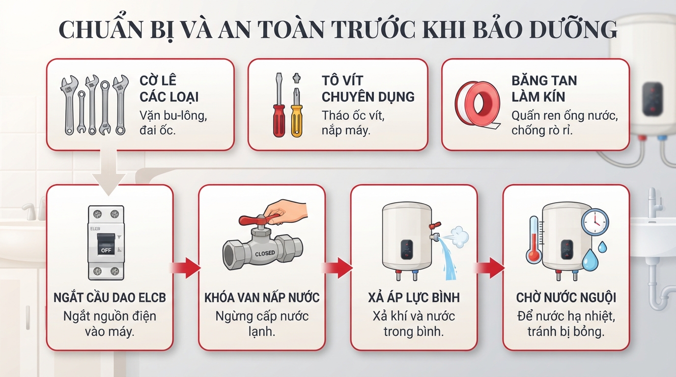 Ngắt cầu dao ELCB và chuẩn bị dụng cụ chuyên dụng trước khi tiến hành bảo dưỡng máy.
