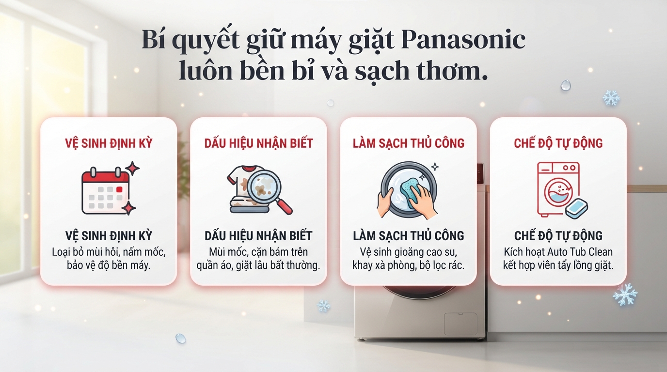 Nhận biết sớm cặn bẩn và mốc để vệ sinh máy giặt panasonic cửa ngang kịp thời.