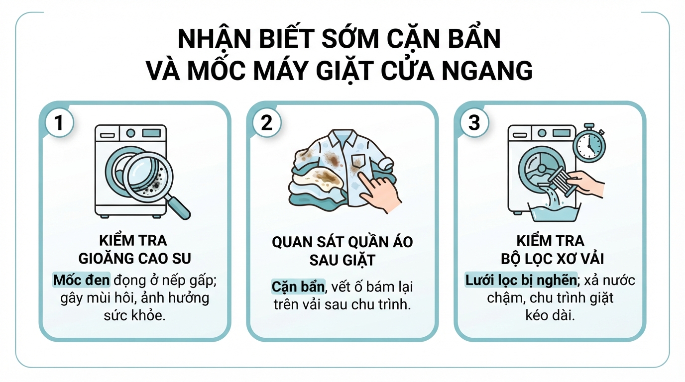 Nhận biết sớm cặn bẩn và mốc để vệ sinh máy giặt panasonic cửa ngang kịp thời.