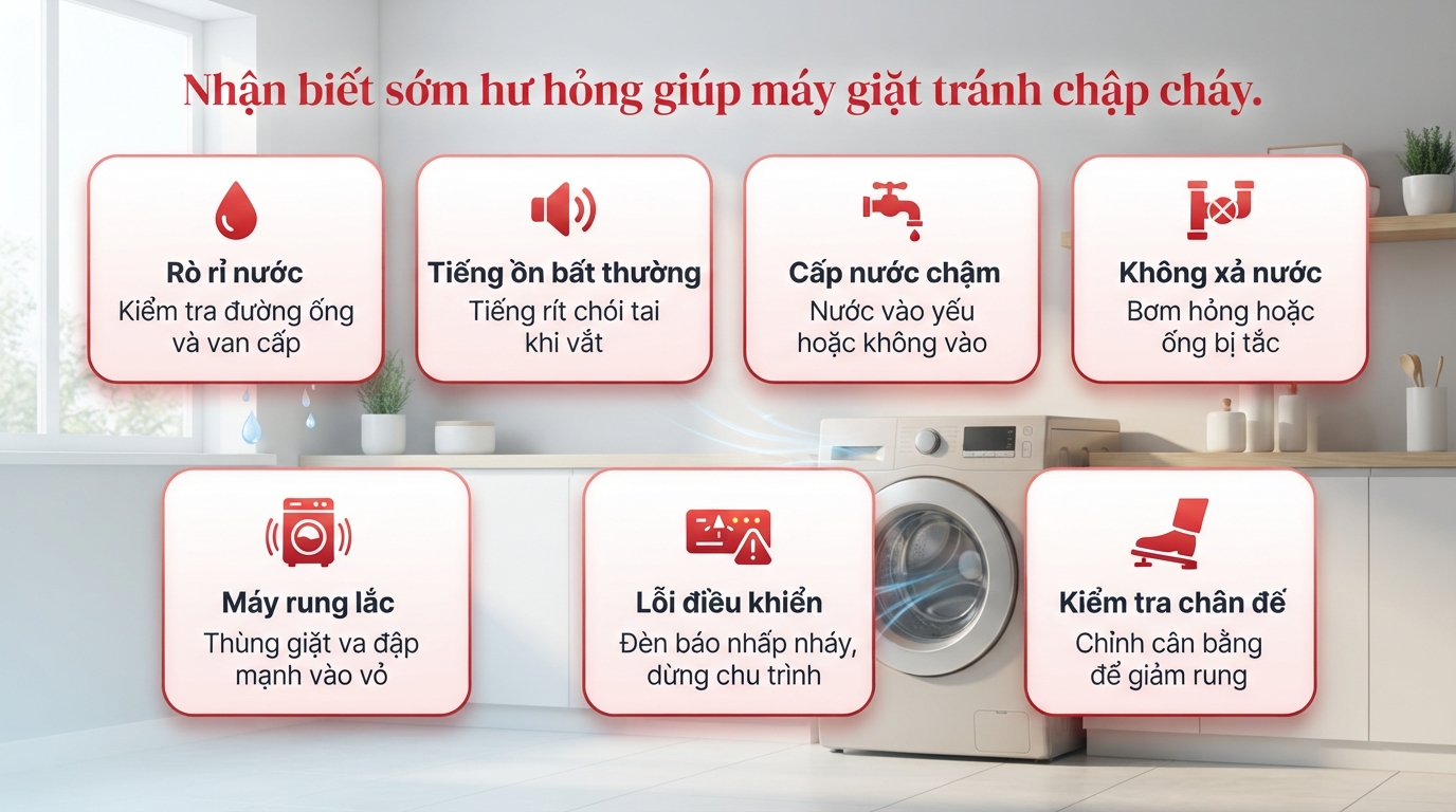 Nhận biết sớm hư hỏng giúp máy giặt tránh chập cháy.