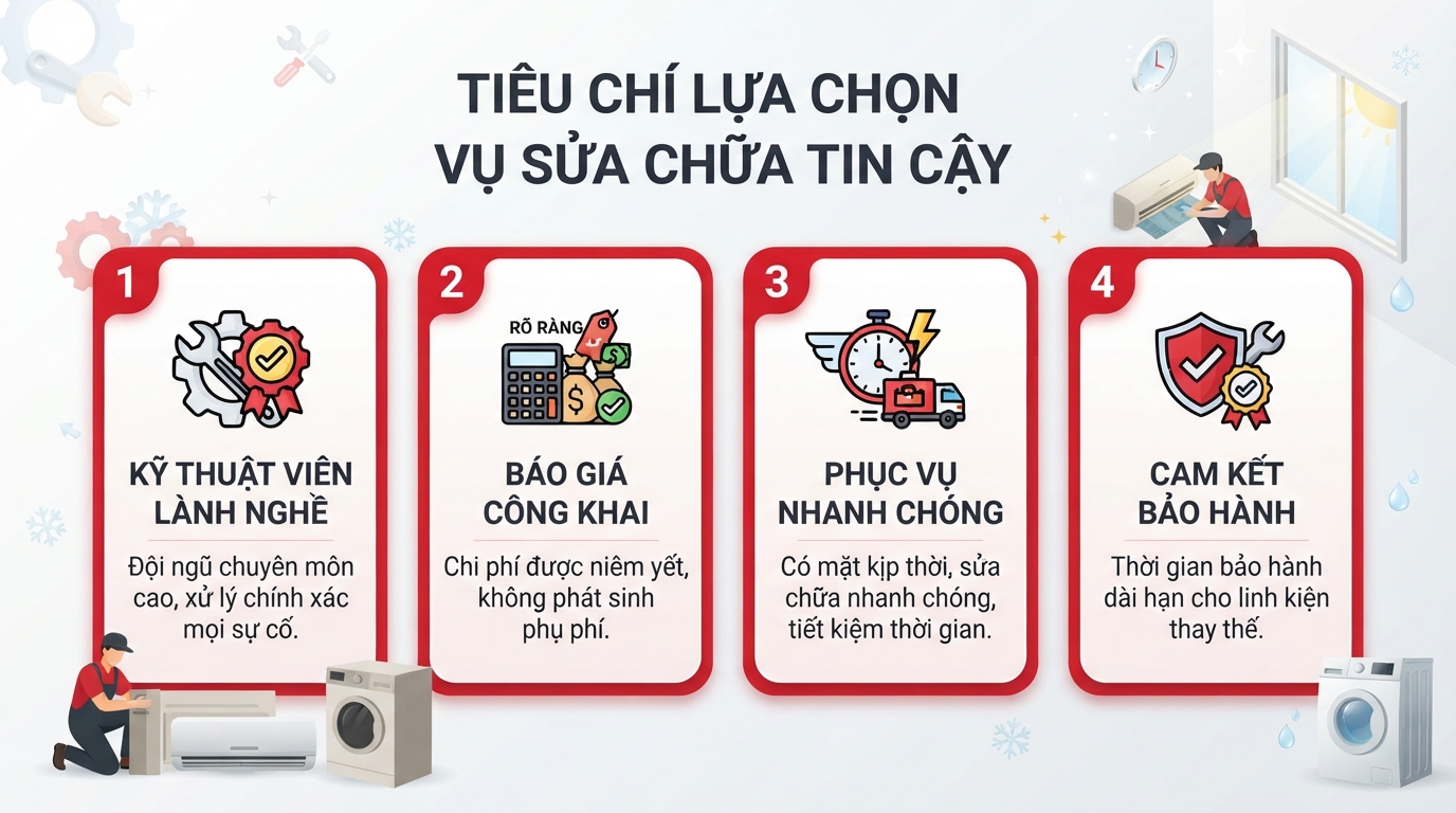 Những tiêu chí quan trọng giúp khách hàng lựa chọn đơn vị sửa chữa tin cậy.
