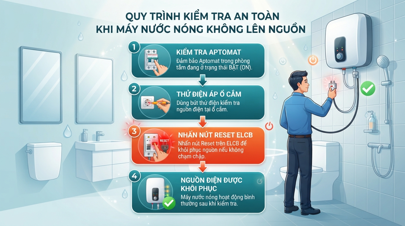 Nút Reset trên ELCB giúp khôi phục nguồn điện nhanh nếu máy không bị chạm chập. Nút Reset trên ELCB giúp khôi phục nguồn điện nhanh nếu máy không bị chạm chập.