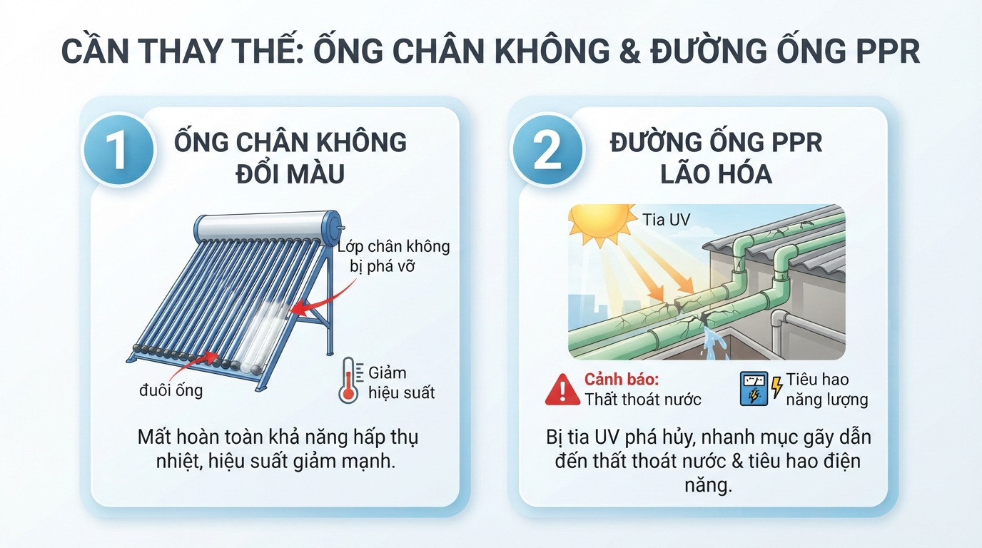 Ống chân không đổi màu trắng đục và đường ống PPR lão hóa cần thay mới.