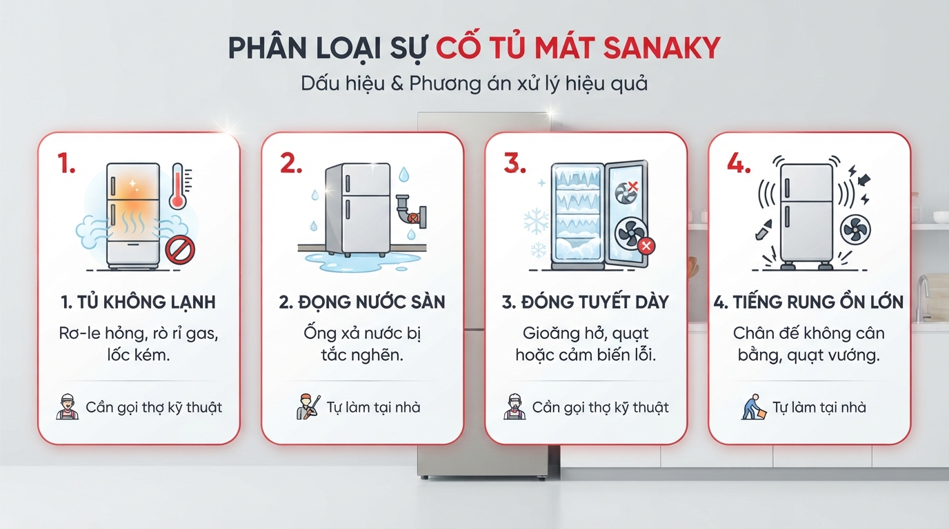 Phân loại dấu hiệu hỏng hóc để có phương án sửa tủ mát sanaky phù hợp.