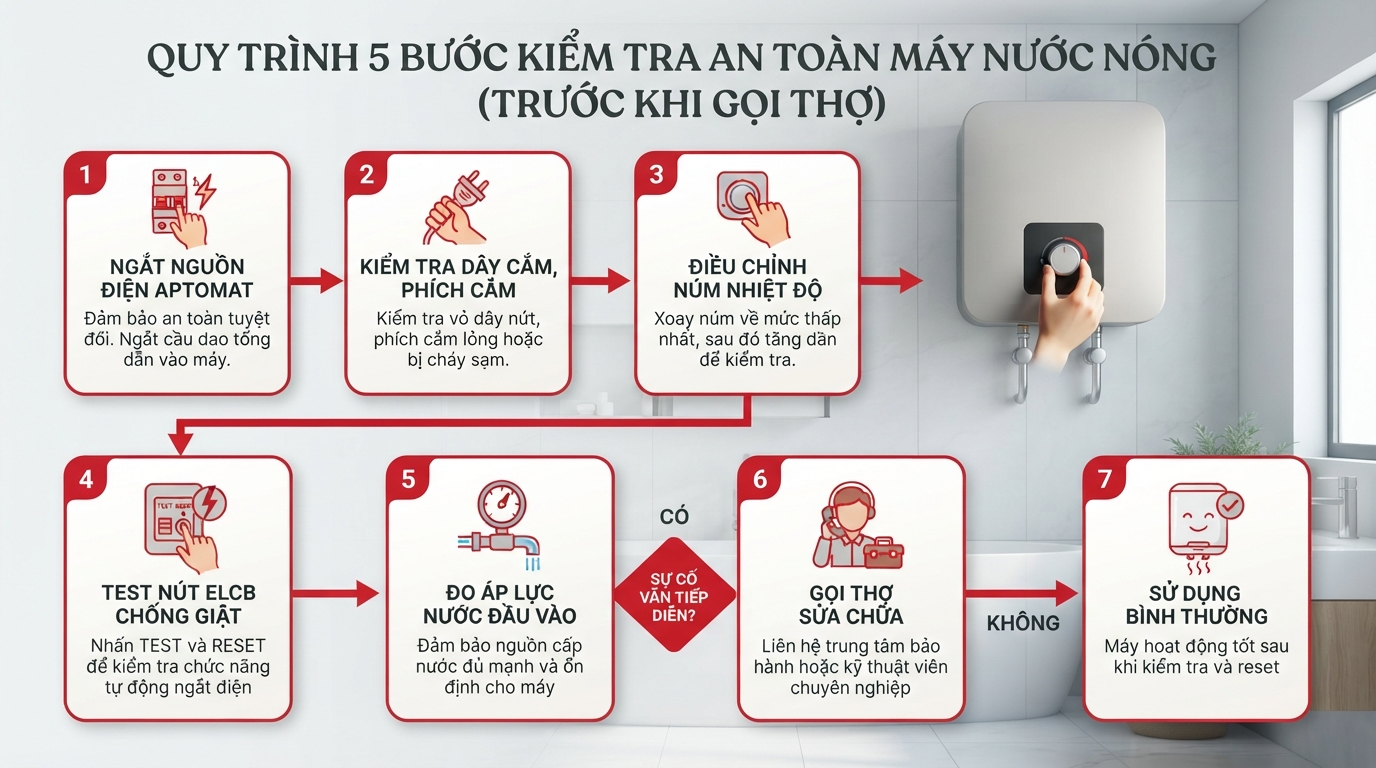 Quy trình 5 bước kiểm tra an toàn trước khi gọi thợ sửa máy nước nóng ariston.