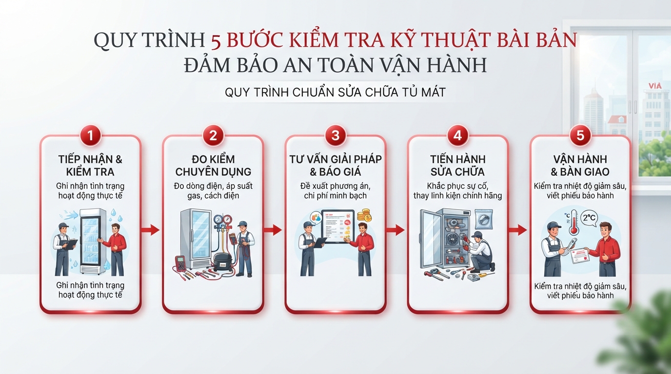 Quy trình 5 bước kiểm tra kỹ thuật bài bản đảm bảo an toàn vận hành.