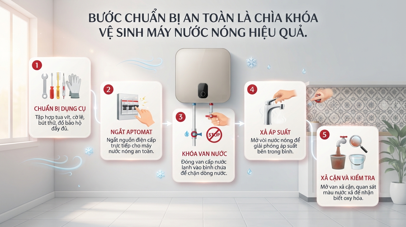 Quy trình ba bước ngắt điện, khóa nước và giải áp suất đảm bảo an toàn.