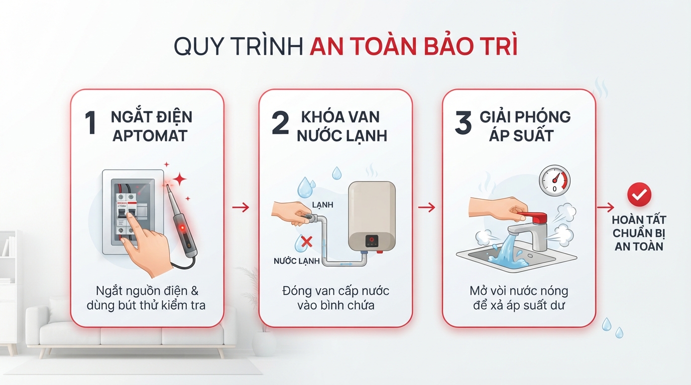 Quy trình ba bước ngắt điện, khóa nước và giải áp suất đảm bảo an toàn.