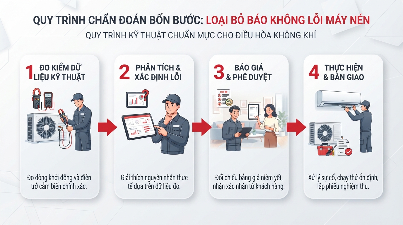 Quy trình chẩn đoán bốn bước giúp loại bỏ nguy cơ báo khống lỗi máy nén.