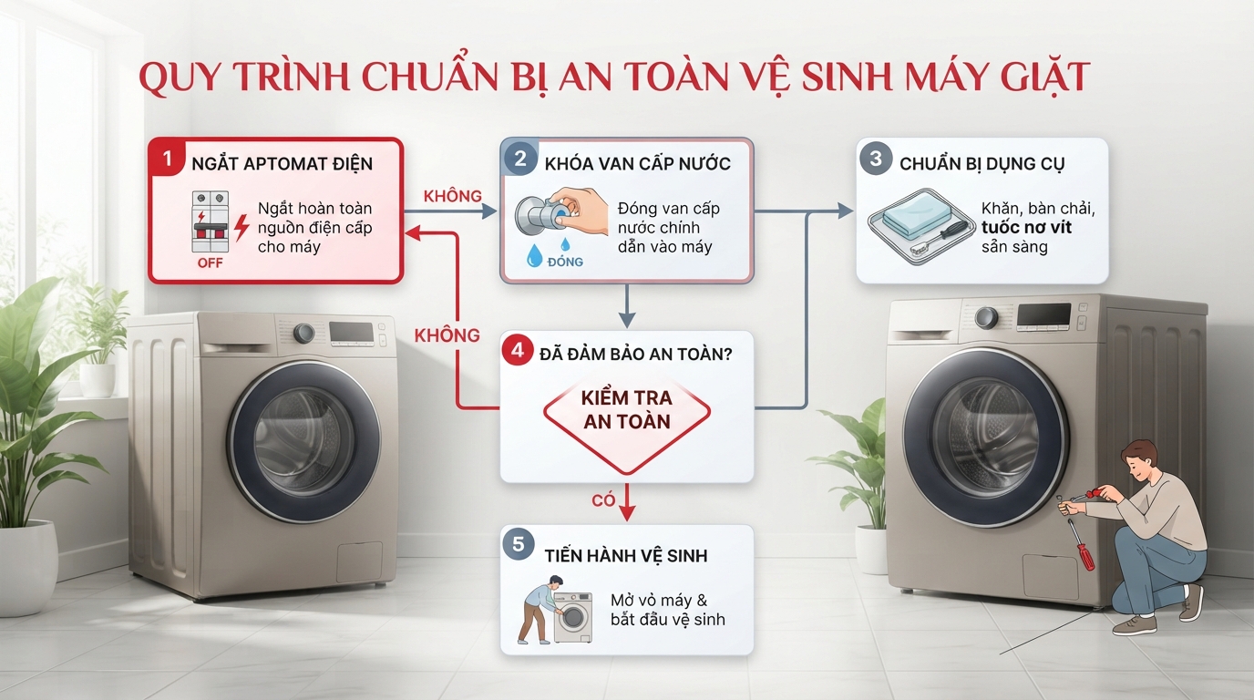Quy trình chuẩn bị an toàn gồm ngắt điện và khóa van nước trước khi mở vỏ máy vệ sinh. Quy trình chuẩn bị an toàn gồm ngắt điện và khóa van nước trước khi mở vỏ máy vệ sinh.