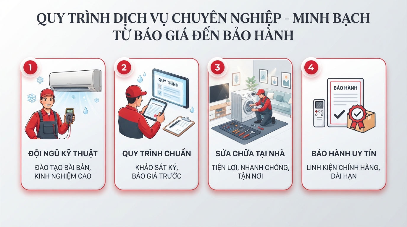 Quy trình dịch vụ chuyên nghiệp đảm bảo tính minh bạch từ khâu báo giá đến chế độ bảo hành.