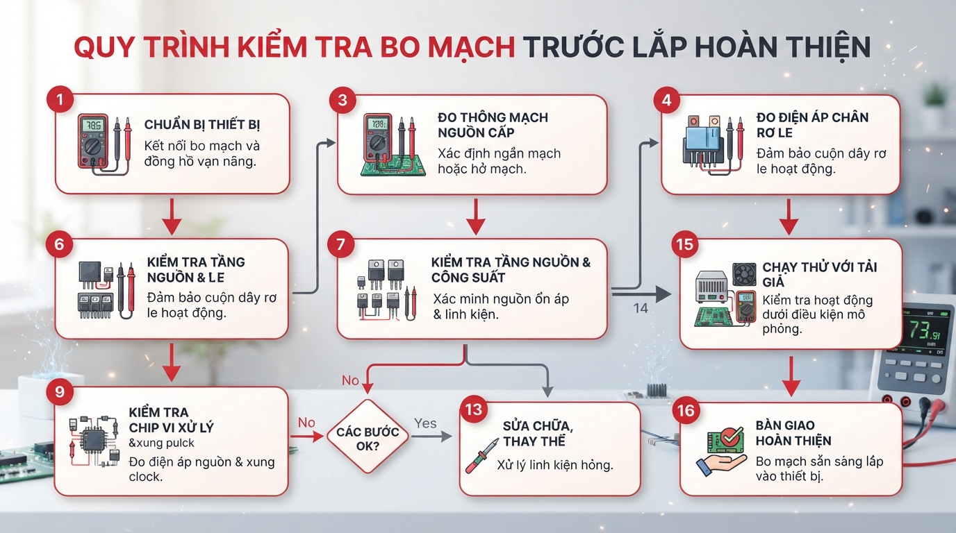 Quy trình kiểm tra bo mạch bằng thiết bị đo chuyên dụng trước khi lắp hoàn thiện. Quy trình kiểm tra bo mạch bằng thiết bị đo chuyên dụng trước khi lắp hoàn thiện.
