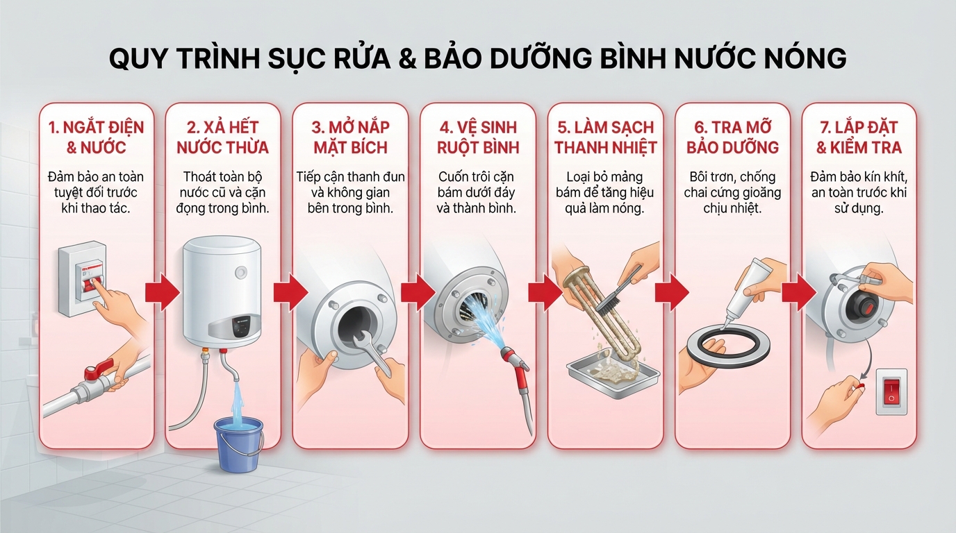 Quy trình kỹ thuật sục rửa ruột bình và thoa mỡ bảo dưỡng gioăng cao su.