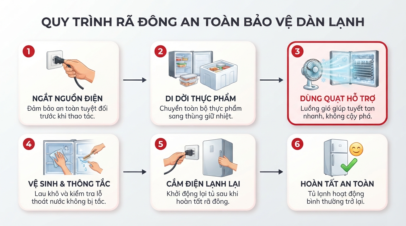 Quy trình rã đông an toàn bằng quạt gió giúp bảo vệ dàn lạnh khỏi hư hỏng cơ khí.