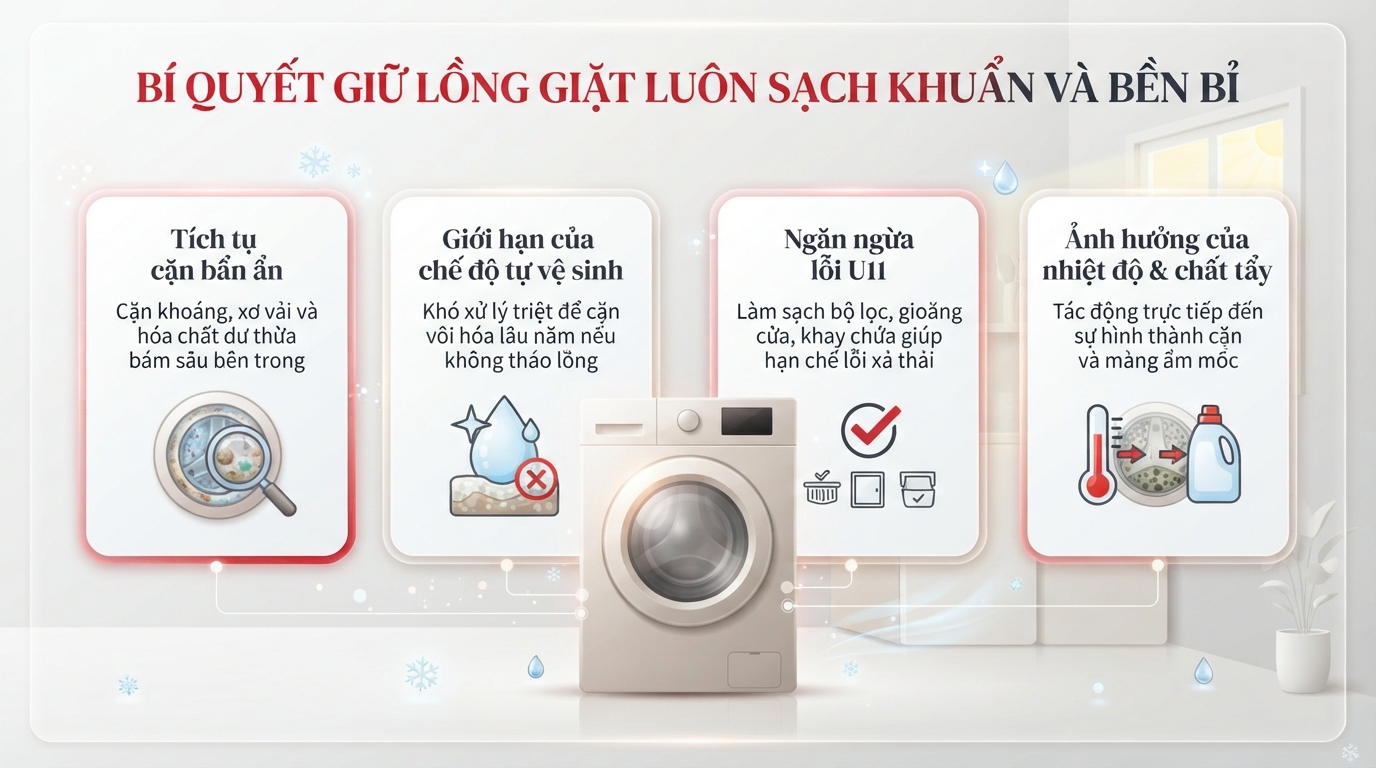 Quy trình vệ sinh máy giặt panasonic định kỳ ngăn cặn bẩn bám chặt vào chạc ba đáy lồng.