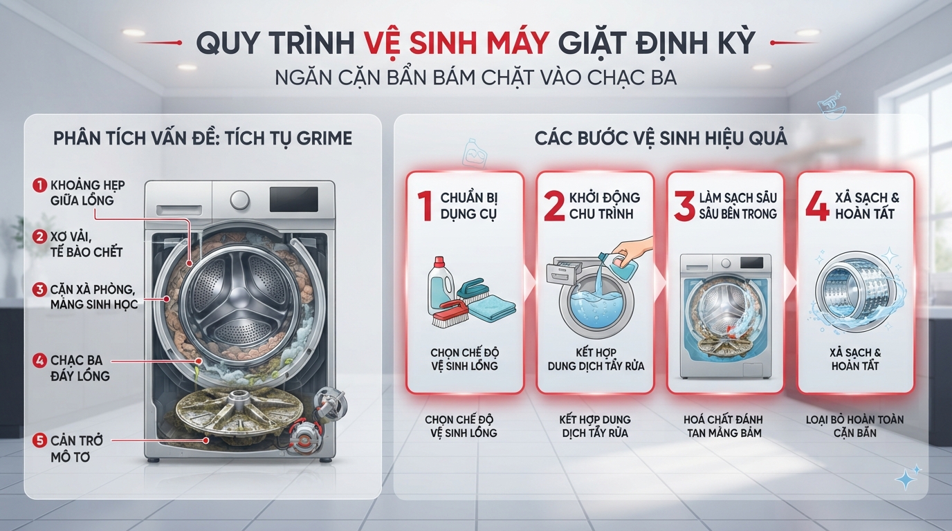 Quy trình vệ sinh máy giặt panasonic định kỳ ngăn cặn bẩn bám chặt vào chạc ba đáy lồng. Quy trình vệ sinh máy giặt panasonic định kỳ ngăn cặn bẩn bám chặt vào chạc ba đáy lồng.