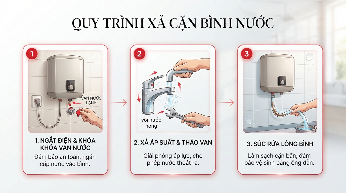 Quy trình xả cặn cơ bản giúp loại bỏ bùn đất tích tụ dưới đáy bình chứa nước.