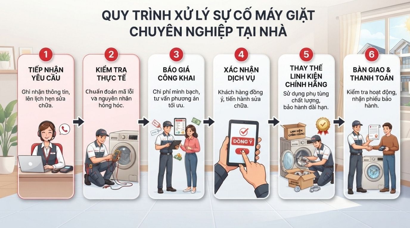 Quy trình xử lý sự cố máy giặt chuyên nghiệp tại nhà.