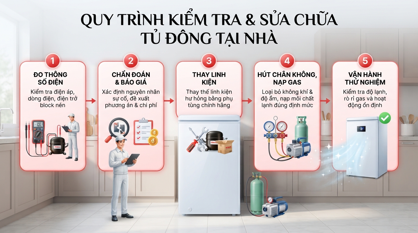 Sơ đồ quy trình 5 bước kiểm tra và sửa chữa tủ đông tại nhà.