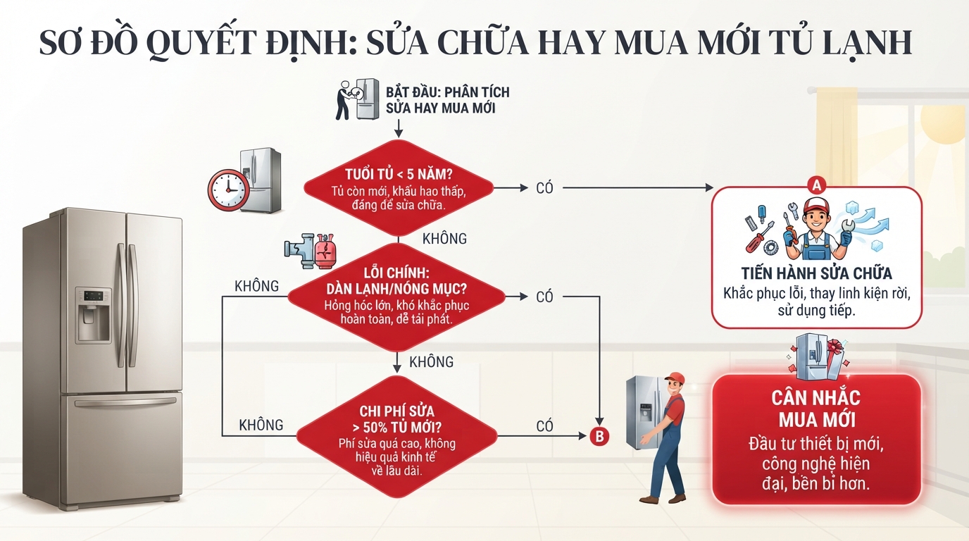 Sơ đồ quyết định sửa hoặc mua mới dựa trên độ tuổi tủ và dự toán chi phí thực tế.