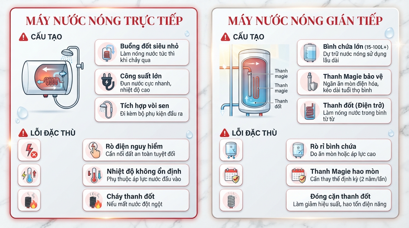 So sánh cấu tạo và các lỗi đặc thù giữa máy nước nóng trực tiếp và gián tiếp.