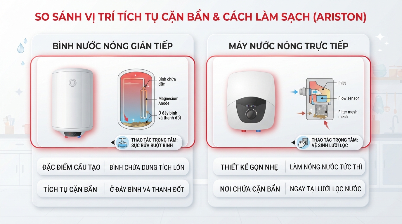 So sánh vị trí tích tụ cặn bẩn giữa bình gián tiếp và máy trực tiếp.