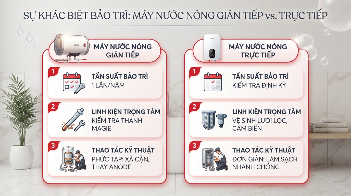 Sự khác biệt về quy trình bảo trì giữa dòng máy nước nóng gián tiếp và trực tiếp.