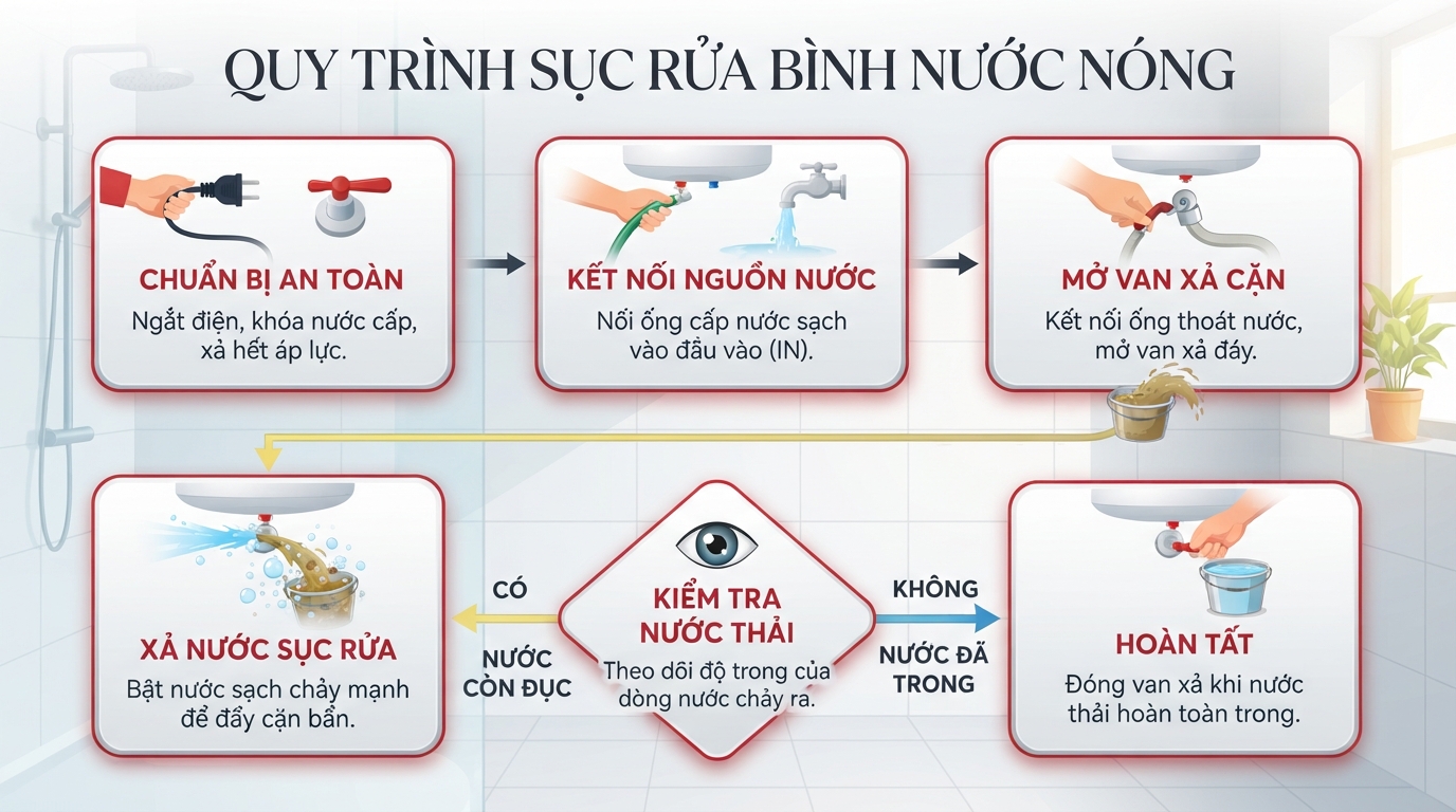 Sục rửa bình chứa liên tục bằng nước sạch cho đến khi dòng nước thải sạch hoàn toàn.