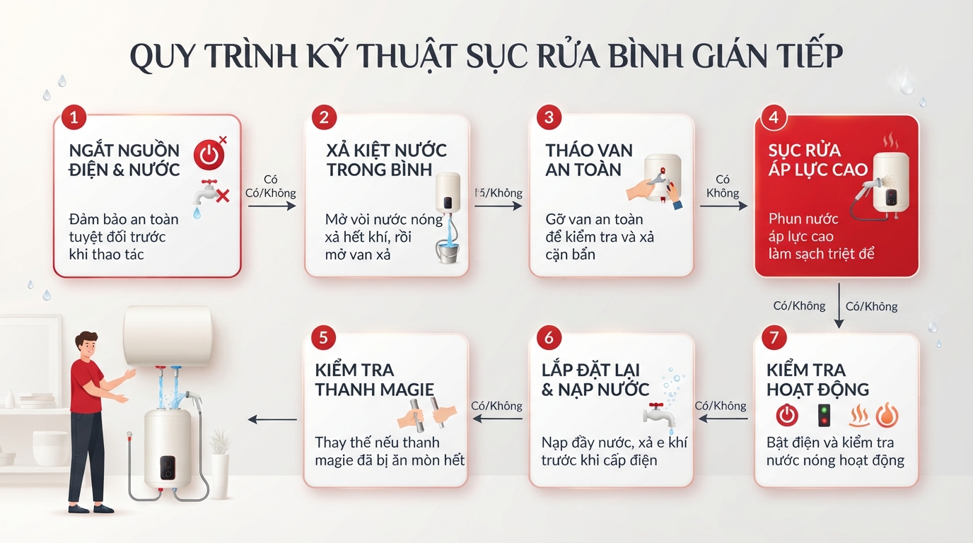 Sục rửa bình gián tiếp giúp loại bỏ mảng bám mùn vôi tích tụ bên trong ruột bình.