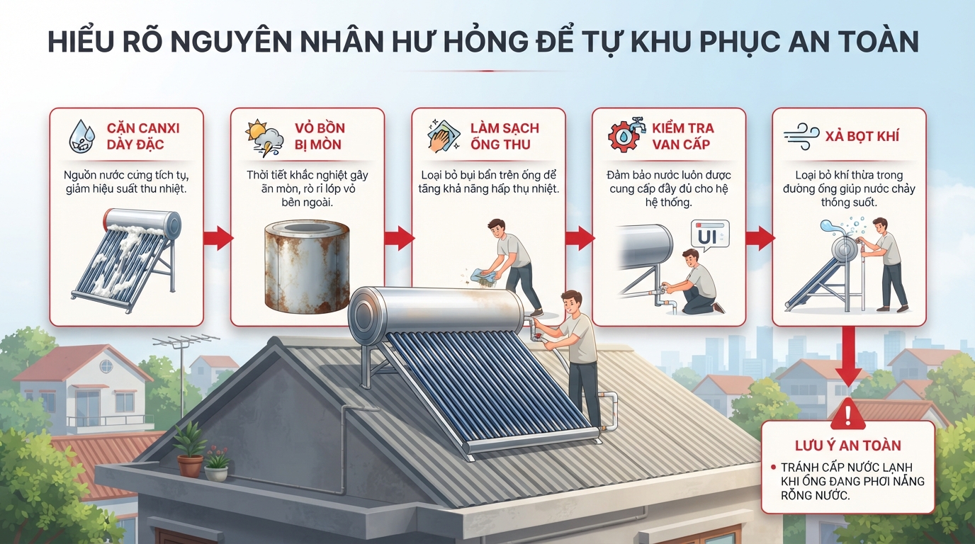 Súc rửa cặn canxi và kiểm tra thanh magie giúp kéo dài tuổi thọ bình chứa.