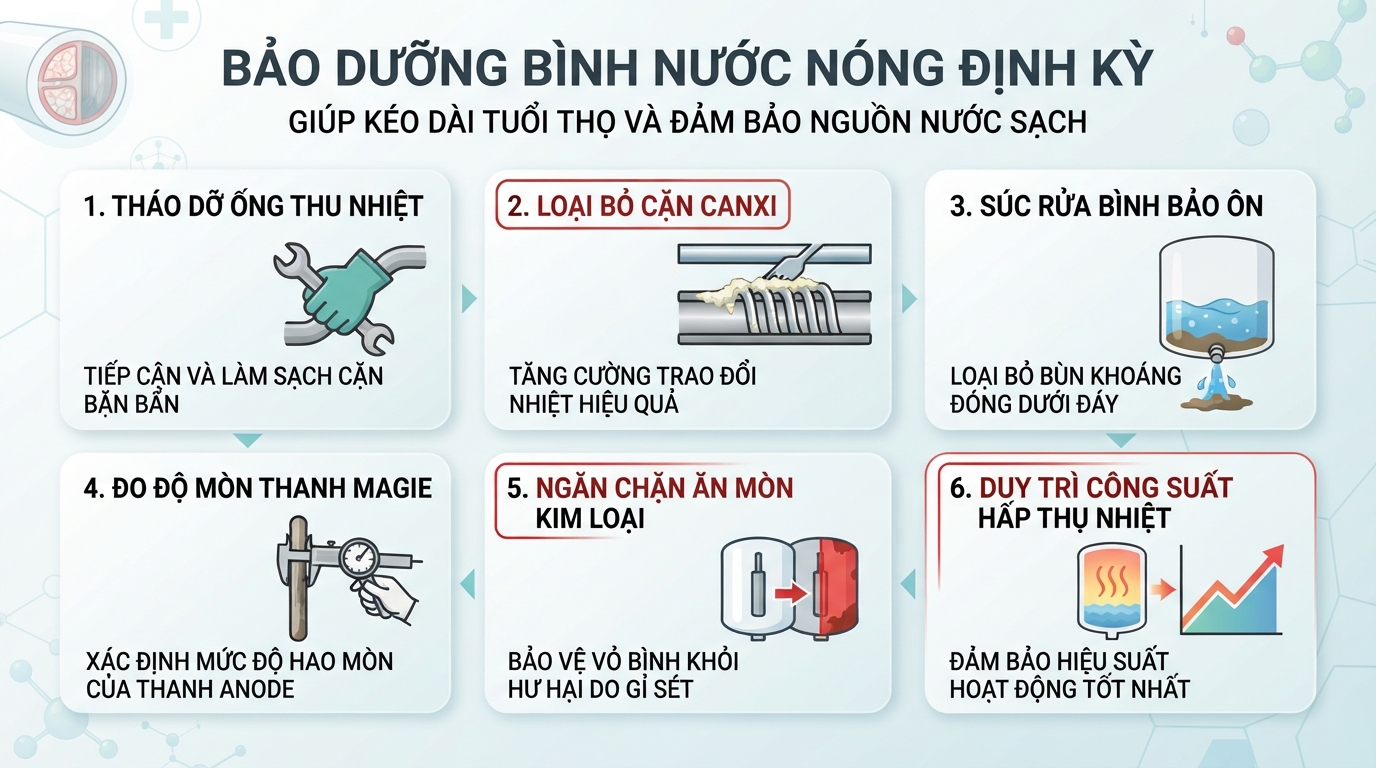 Súc rửa cặn canxi và kiểm tra thanh magie giúp kéo dài tuổi thọ bình chứa.