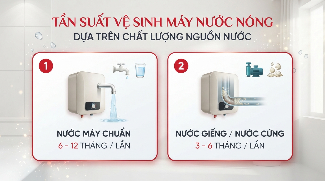 Tần suất thực hiện cách vệ sinh máy nước nóng dựa trên chất lượng nguồn nước gia đình.