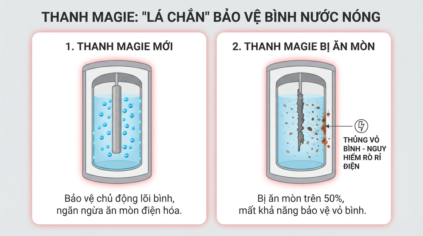 Thanh magie cần được thay mới khi bị ăn mòn trên 50% để bảo vệ lõi bình.