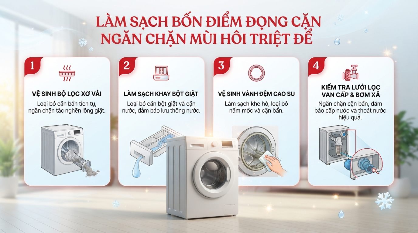 Tháo rã lồng giặt chuyên sâu giúp làm sạch triệt để cặn vôi hóa đáy chạc ba.