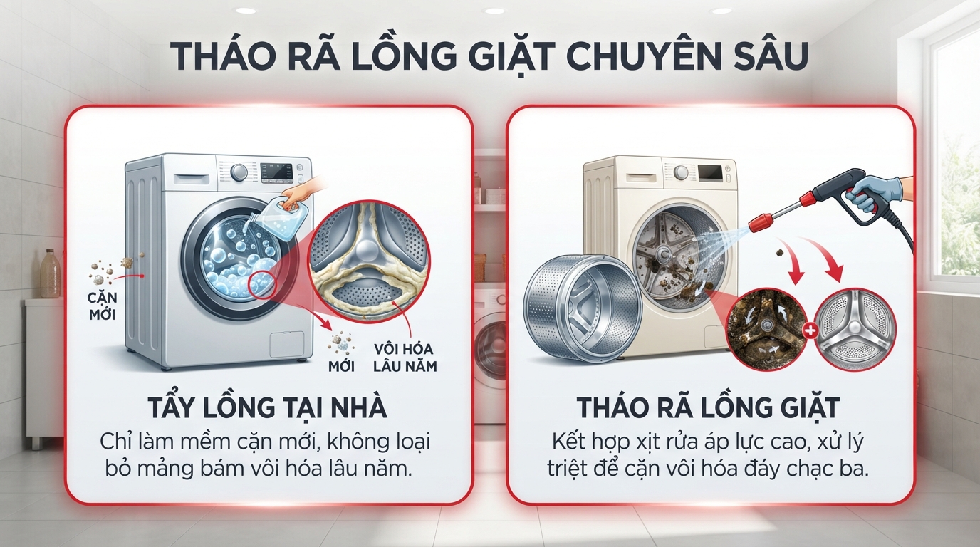 Tháo rã lồng giặt chuyên sâu giúp làm sạch triệt để cặn vôi hóa đáy chạc ba. Tháo rã lồng giặt chuyên sâu giúp làm sạch triệt để cặn vôi hóa đáy chạc ba.