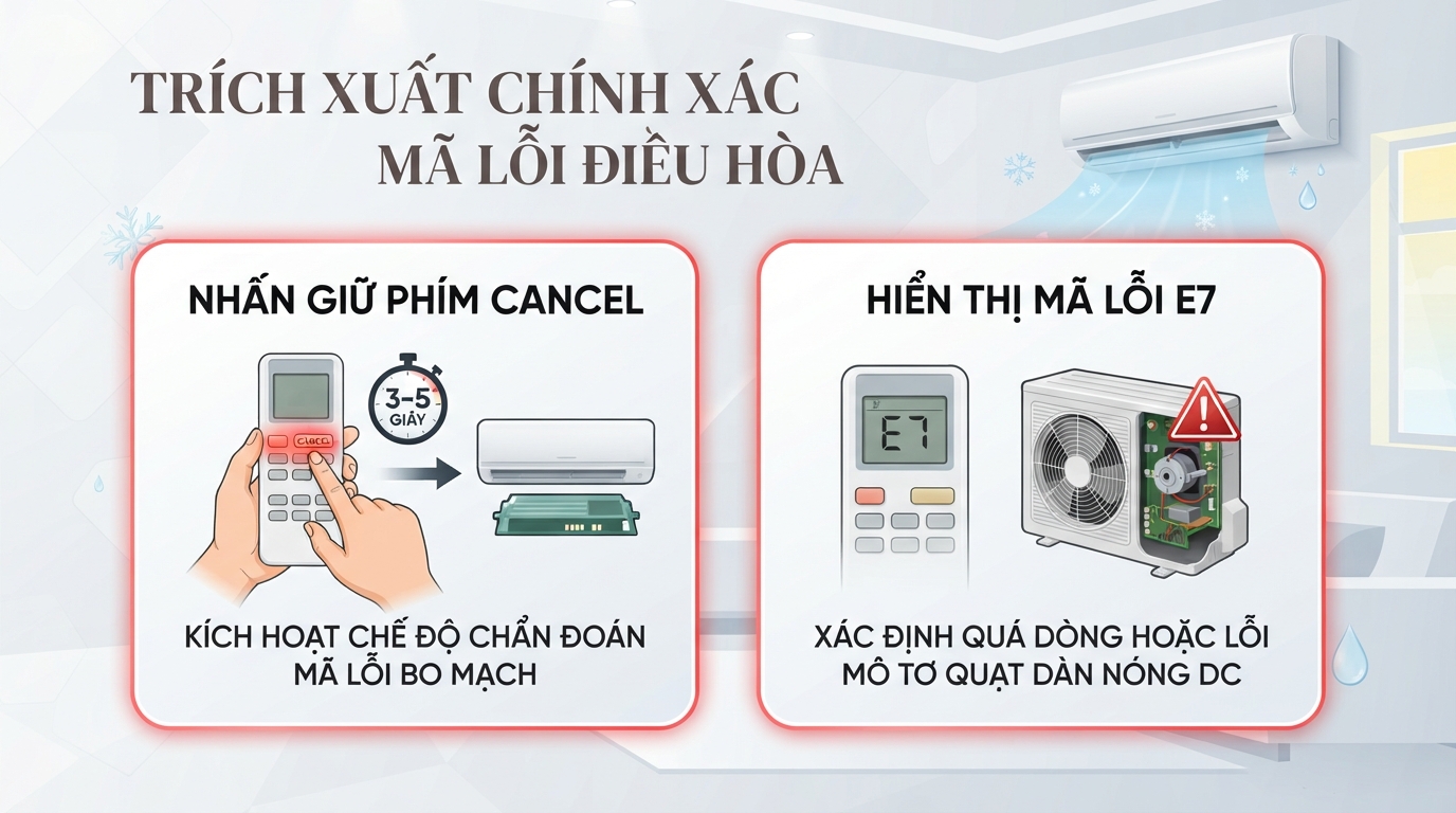 Thao tác giữ phím Cancel năm giây trên remote giúp quét chuẩn xác mã lỗi bo mạch.