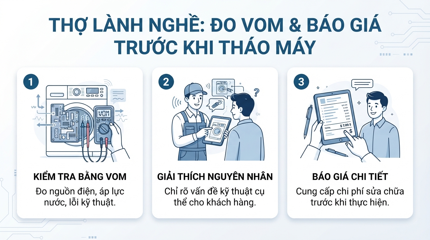 Thợ lành nghề luôn dùng đồng hồ VOM đo mạch và báo giá trước khi tháo máy.