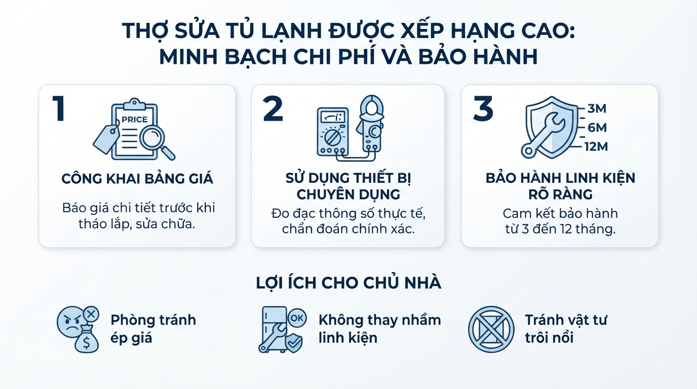 Thợ sửa tủ lạnh được xếp hạng cao nhất luôn minh bạch chi phí và bảo hành.