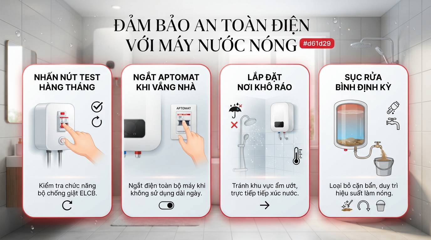 Thói quen nhấn nút TEST hàng tháng giúp đảm bảo bộ chống giật hoạt động. Thói quen nhấn nút TEST hàng tháng giúp đảm bảo bộ chống giật hoạt động.