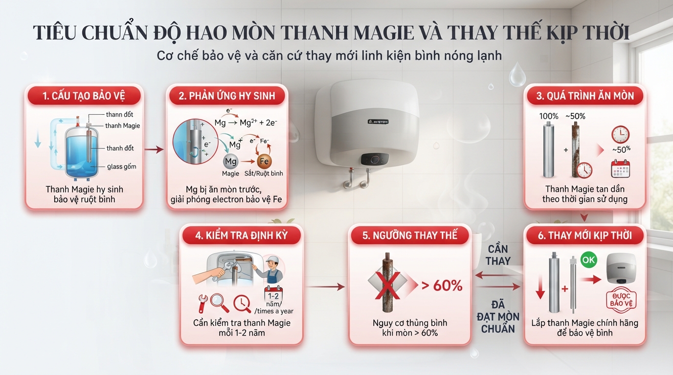 Tiêu chuẩn độ hao mòn thanh magie trên 60% cần thay thế kịp thời.