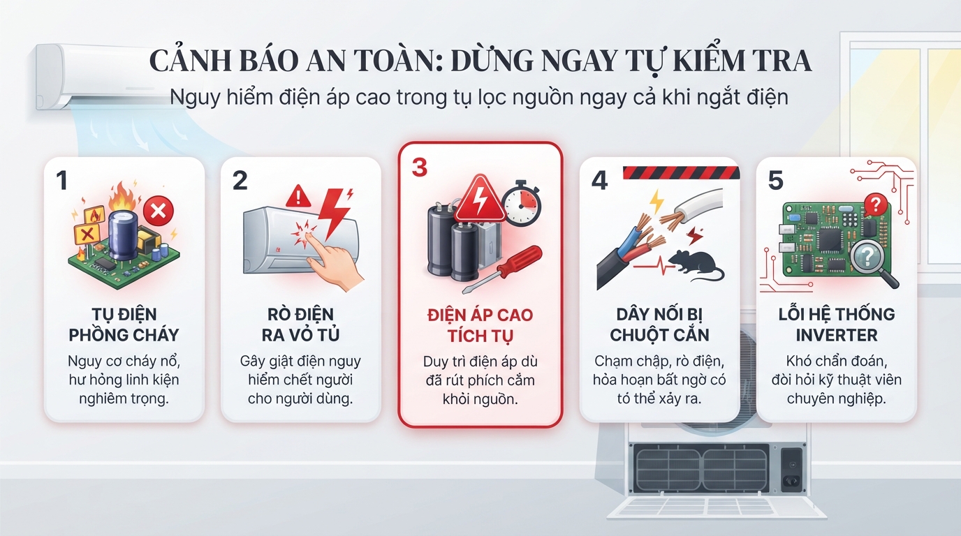 Tụ lọc nguồn tích điện áp cao có thể gây nguy hiểm ngay cả khi rút điện. Tụ lọc nguồn tích điện áp cao có thể gây nguy hiểm ngay cả khi rút điện.