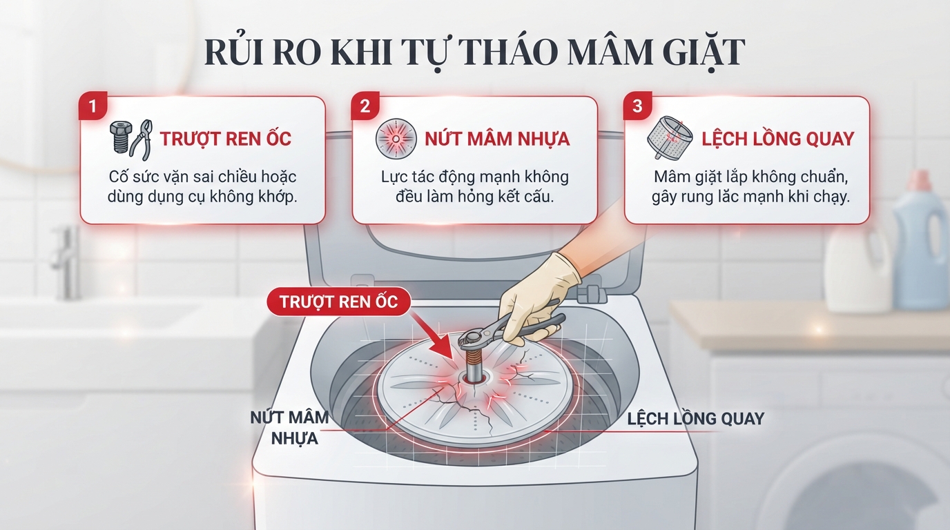 Tự tháo mâm giặt không đúng kỹ thuật dễ gây hỏng ren và lệch lồng.