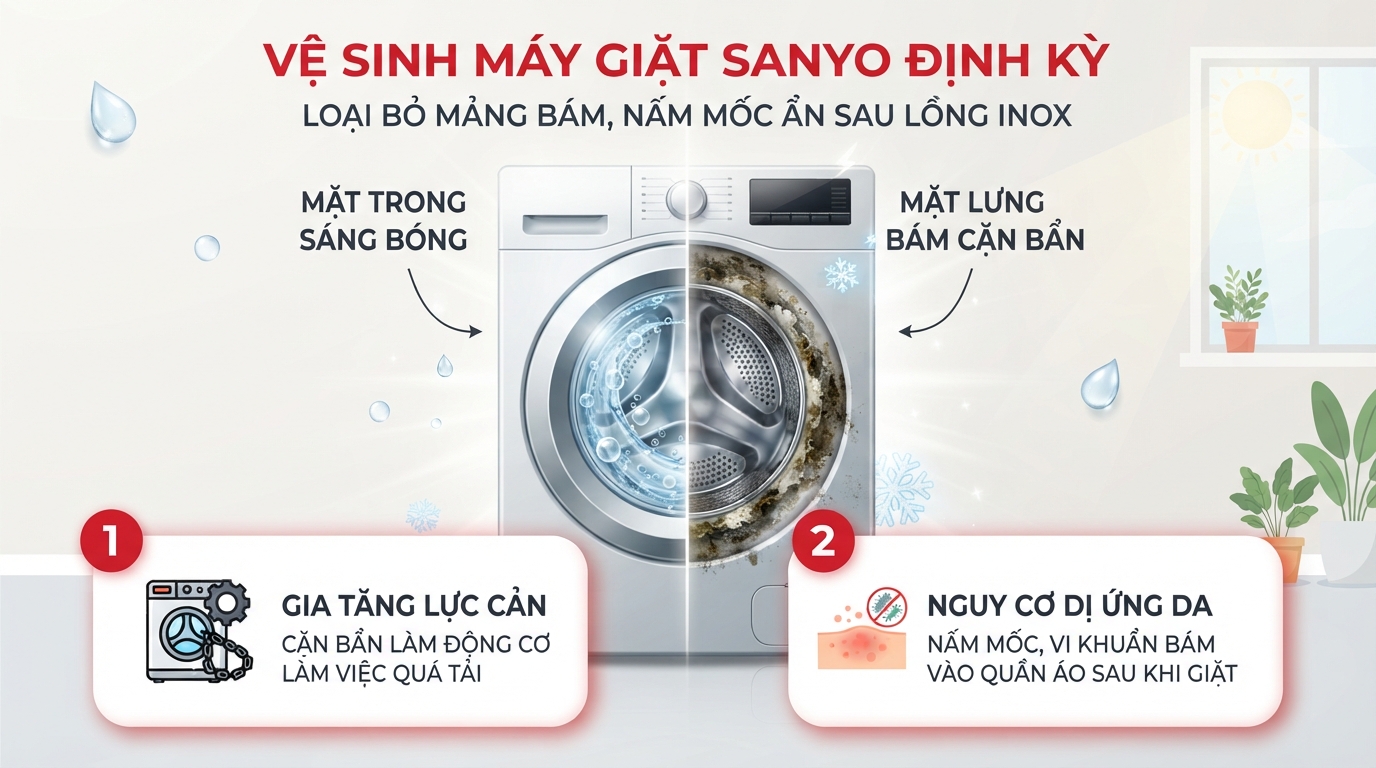 Vệ sinh máy giặt sanyo định kỳ loại bỏ mảng bám nấm mốc ẩn sau lồng inox.