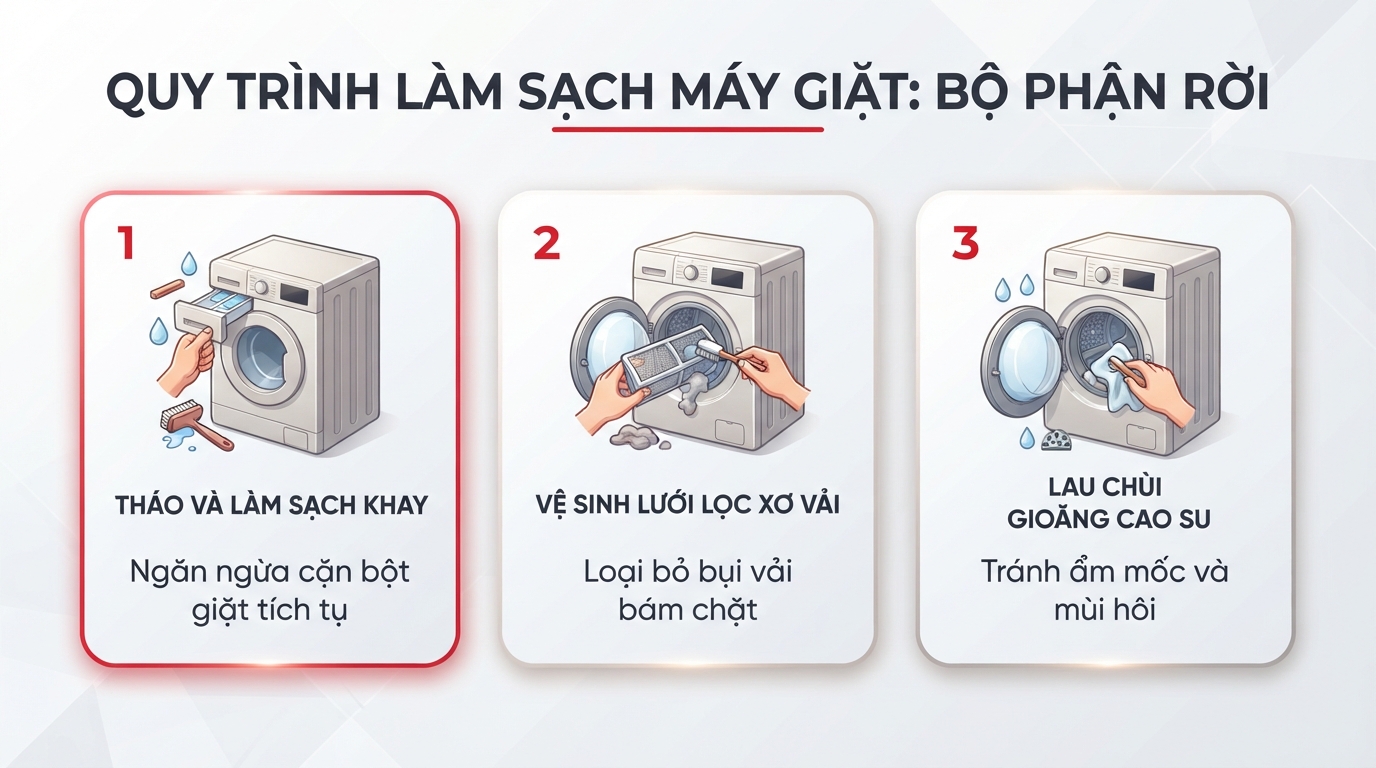 Vệ sinh máy giặt Toshiba đúng cách bắt đầu từ khay chứa và lưới lọc.