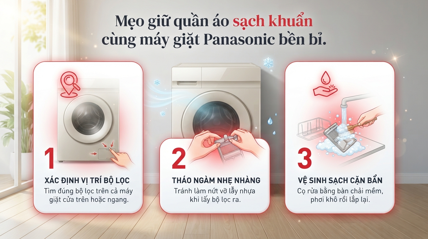 Vị trí túi lọc chuẩn cho cách vệ sinh lưới lọc máy giặt panasonic hiệu quả.